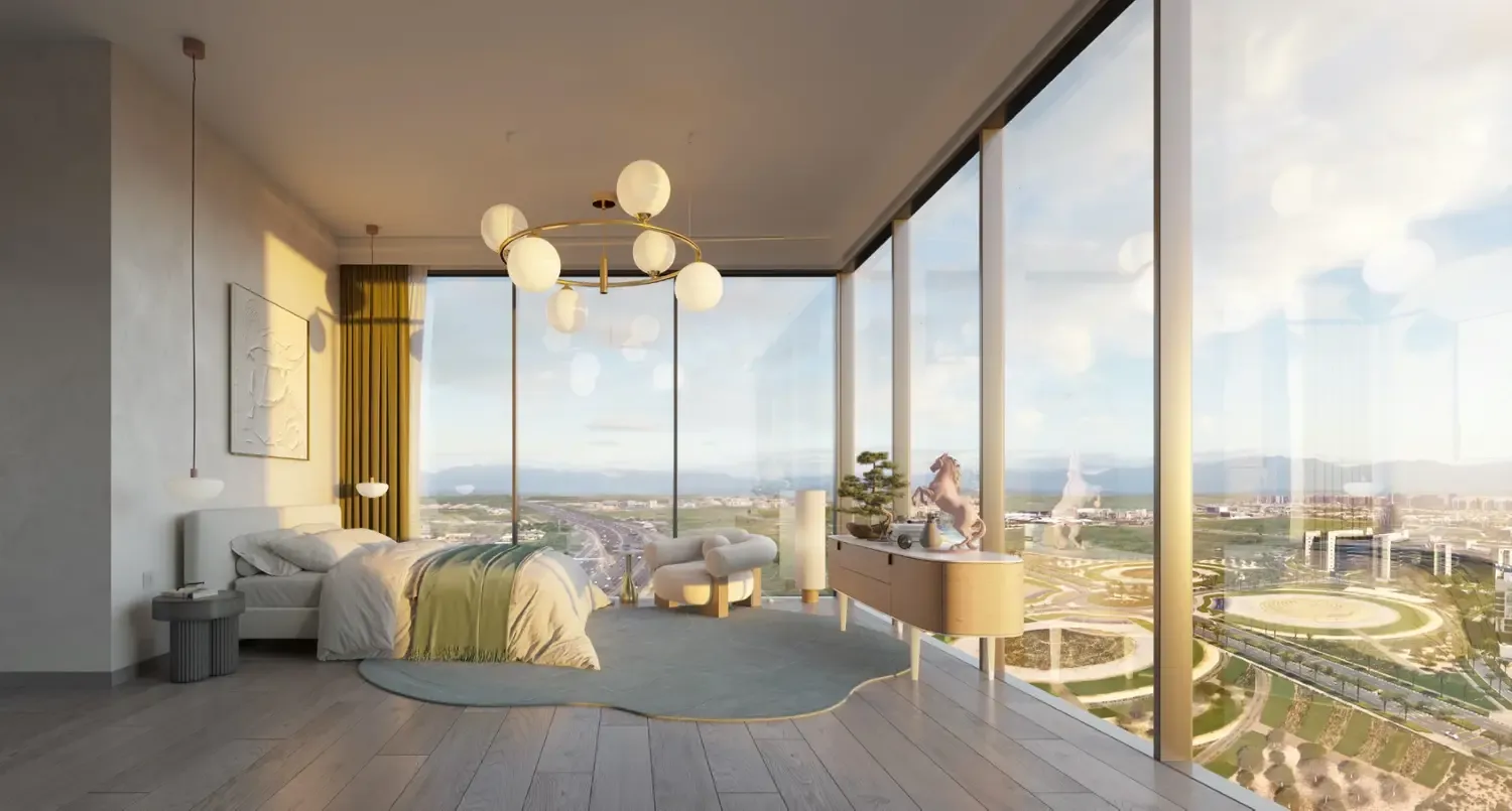 Chambre principale vitrée d'un duplex de Tria, image du promoteur