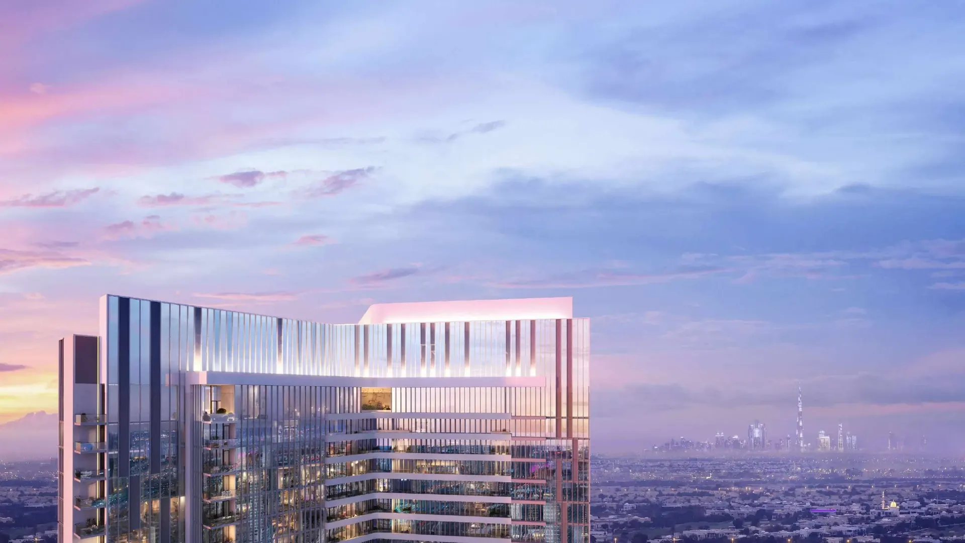 Le sommet de Tria au crépuscule devant la skyline de Dubaï, image du promoteur