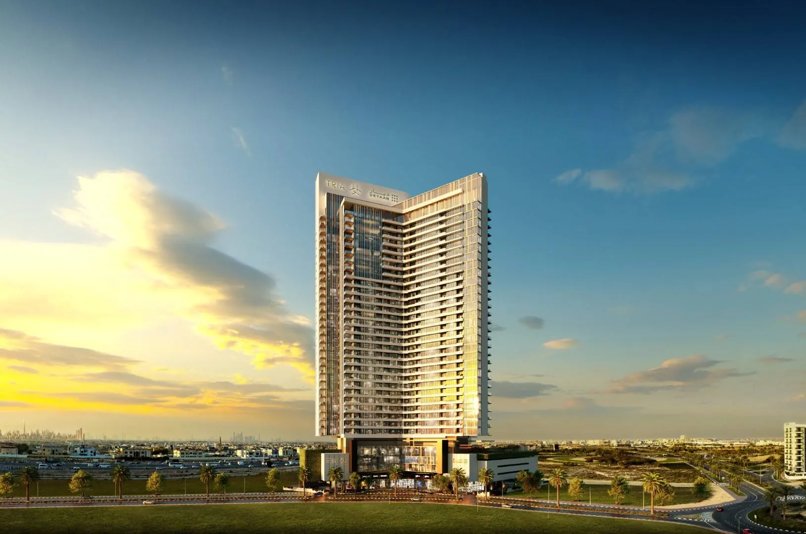 La tour Tria by Deyaar au coucher du soleil à Dubai Silicon Oasis, image du promoteur