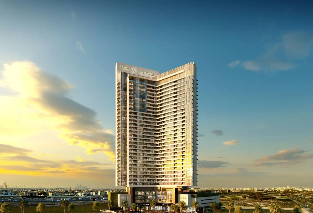 La tour Tria au coucher du soleil sur Dubai Silicon Oasis, image du promoteur